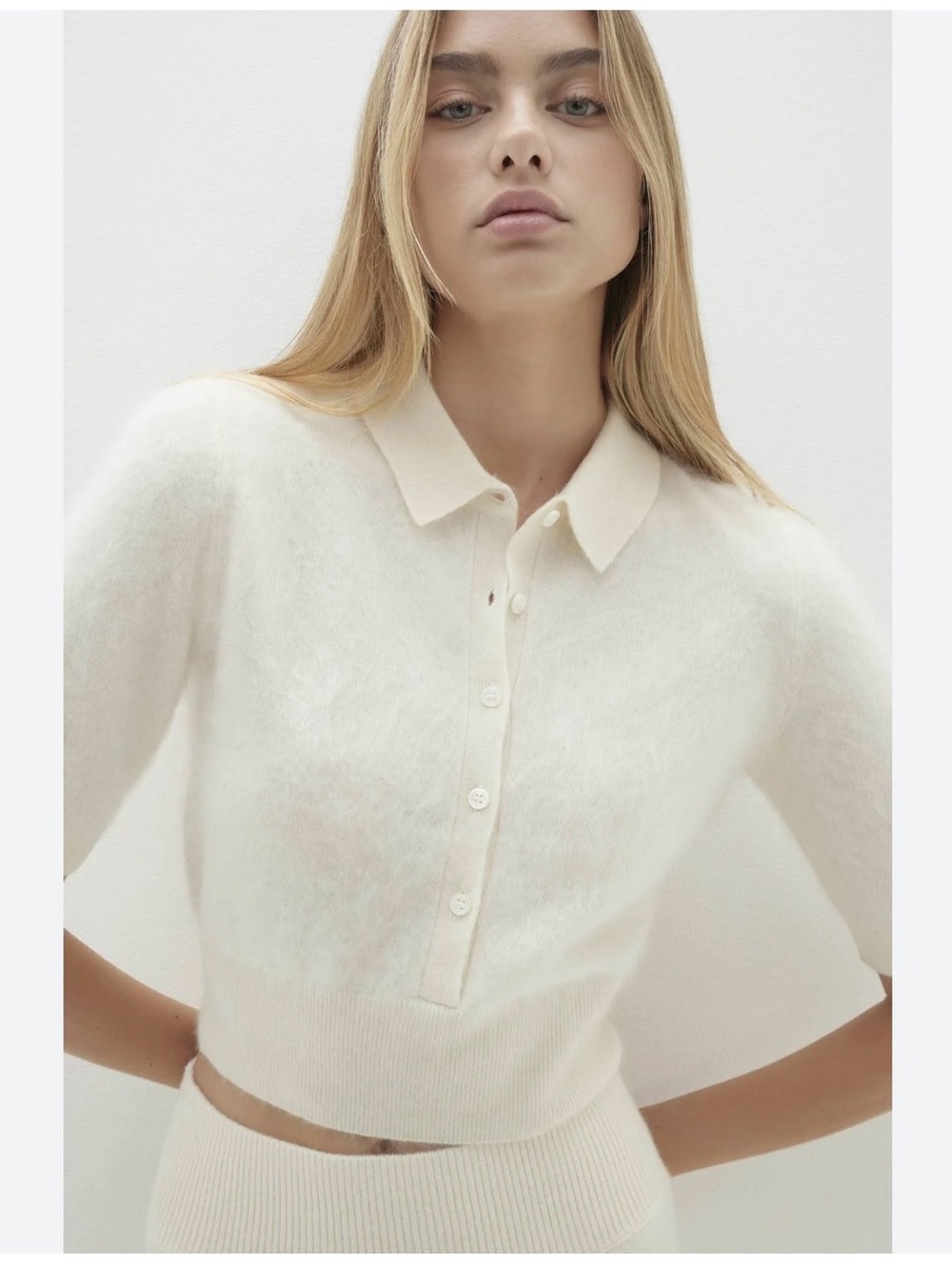 NWT Naked Cashmere Brushed Cashmere Polo Elbow Sleeve Sweater Ivory Ecru M/L
